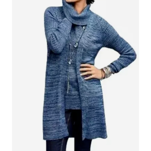 Chicos Blue Metallic Silver Cassia Knit Longer Open Front Cardigan Sz Large (2) - Picture 1 of 4